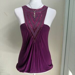 Sleeveless Purple Sequin Halter-Neck Tank Top